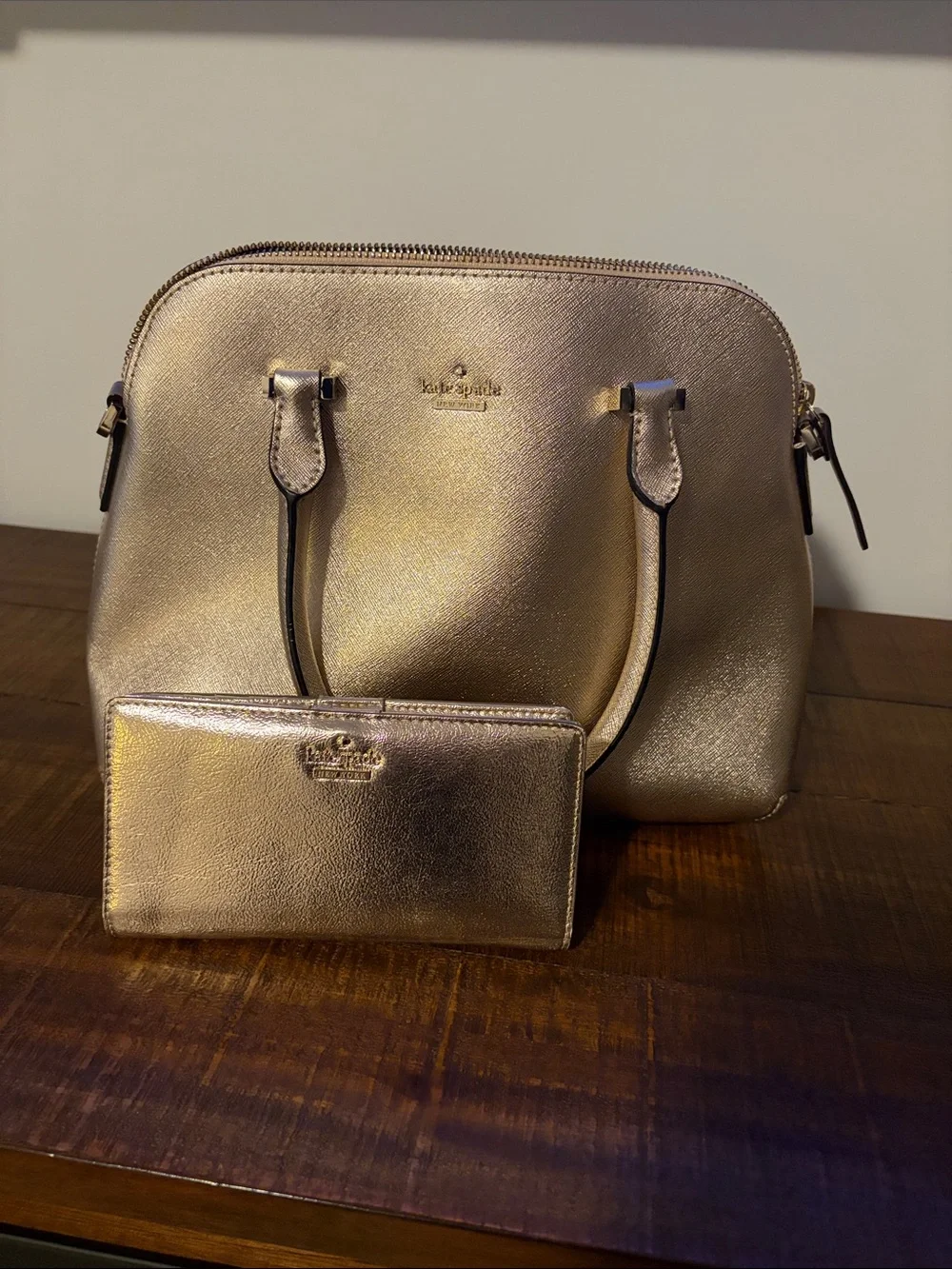 kate spade Metallic Rose Gold Dome Satchel with Matching Wallet